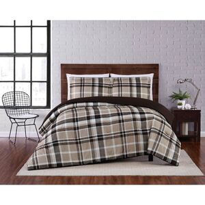Full/Queen 3pc Paulette Plaid Comforter Set Taupe - Truly Soft